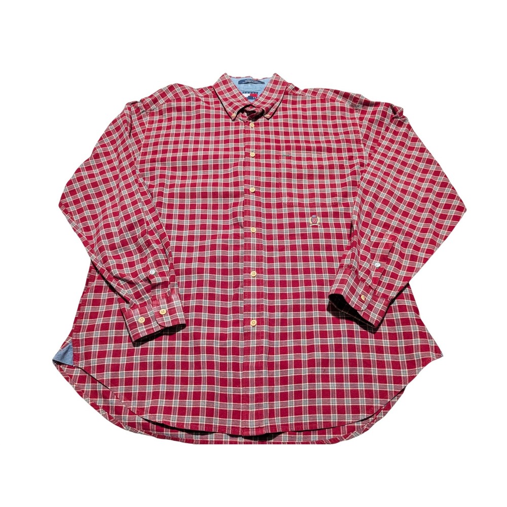 Tommy Hilfiger Button Down Shirt Mens L Red Plaid Vintage 2000 Crest Embroidered
